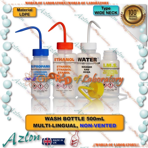 AZLON Wash Bottle, Wide Neck, LDPE, Capacity 500 mL, Variable Print 