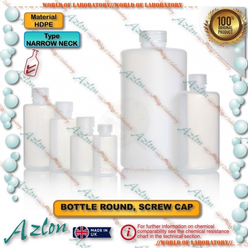 AZLON Bottle Plastic HDPE, Round, Narrow Neck, with Screw Cap, Variable Capacity 30 - 2000 mL