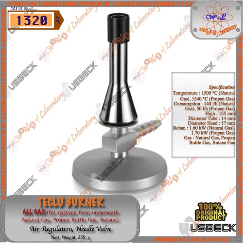 USBECK Teclu Burner, Air Regulation, Needle Valve, All Gas, Catalog 1320