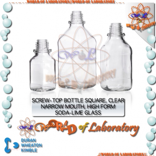 DURAN Screw-Top Square Bottle, Narrow Mouth, Soda-Lime Glass, Variable Capacity 100 mL to 1000 mL