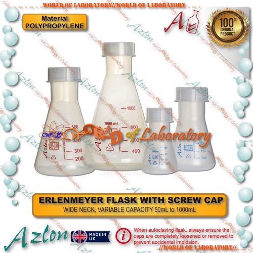 AZLON Erlenmeyer Flask Plastic Polypropylene (PP), Wide Neck, with Screw Cap, Variable Capacity 50mL to 1000mL