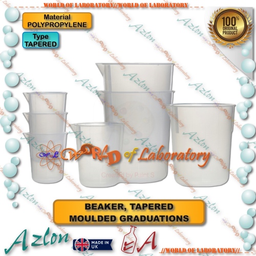 AZLON Beaker Plastik (PP), Model Susun, Variable Ukuran 25 - 2000 mL. Beaker Polypropylene Tapered Stacking Style