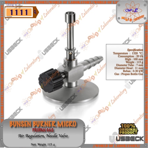USBECK Bunsen Burner Micro, Air Regulation Needle Valve, Propan Bottle Gas, Catalog 1111
