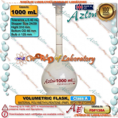 AZLON Volumetric Flask Plastic Polymethylpentene (PMP/ TPX), Class A, ISO 1042, Variable Capacity 25mL to 1000mL
