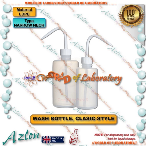 AZLON Wash Bottle, Classic Style, Narrow Neck, LDPE, Variable Size