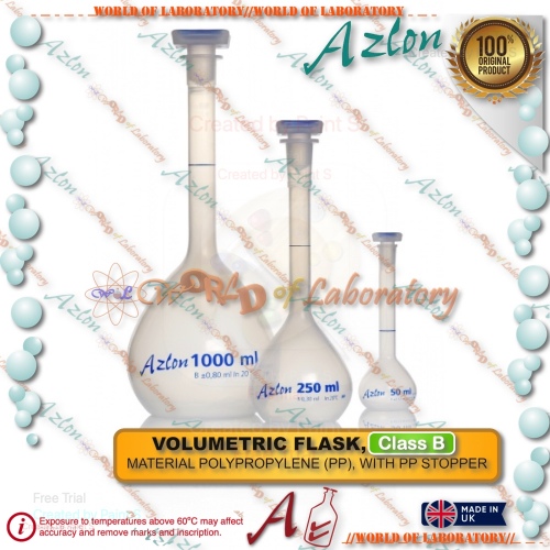 AZLON Volumetric Flask Plastic Polypropylene (PP), Class B, ISO 1042, Variable Capacity 25mL to 1000mL