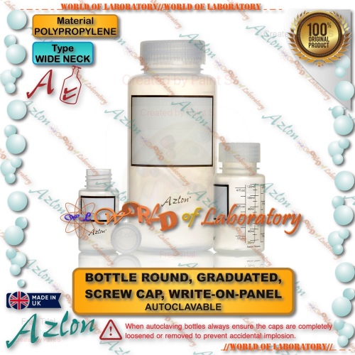 AZLON Bottle Plastic Graduated, Polypropylene (PP), Round, Wide Neck, with Screw Cap, Variable Capacity 250 mL - 1000 mL (1)
