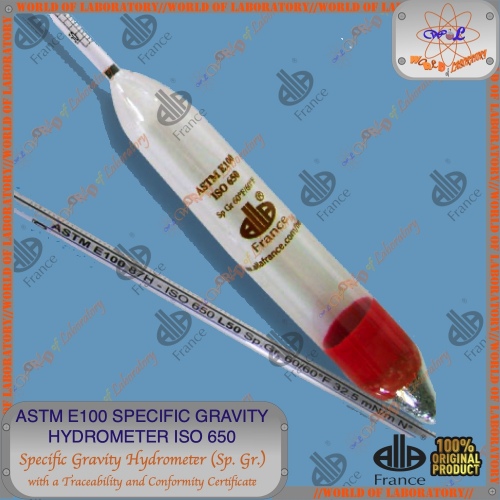 ALLA FRANCE ASTM E100 Specific Gravity Hydrometer ISO 650, ASTM 82H62 - 120H62, Variable Range 0.650 - 1.500 Sp Gr