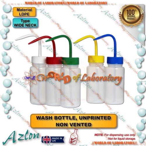 AZLON Wash Bottle, Wide Neck, LDPE, Unprinted, Variable Size & Color Cap