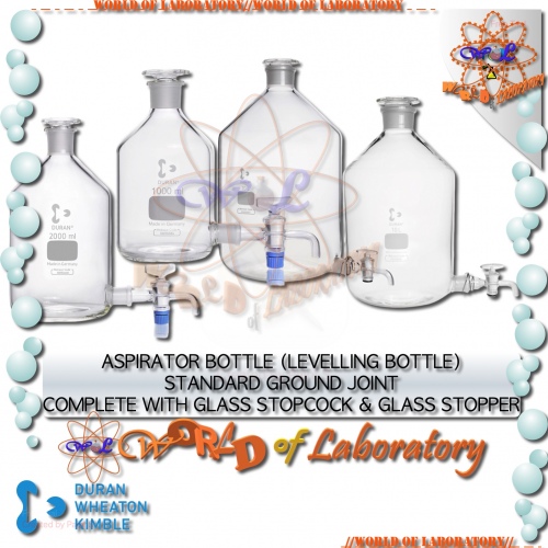 DURAN Aspirator Bottle with Std Ground Joint, Glass Stopcock & Stopper, Variable Capacity 500 mL to 20 Liter