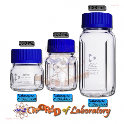 DURAN GLS 80 Baffled Laboratory Bottle, Wide Mouth, Variable Capacity 250 mL to 1000 mL