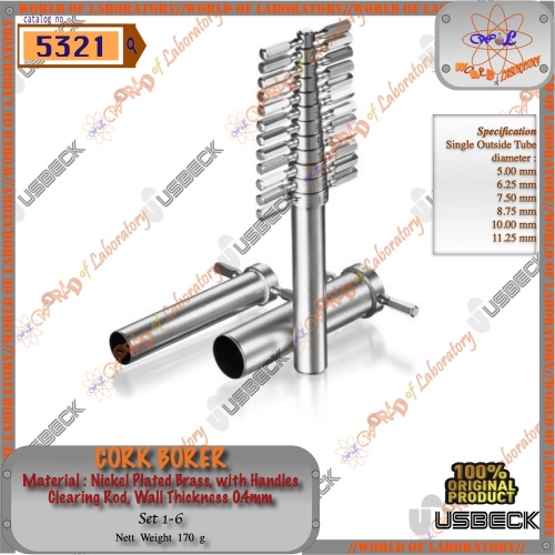USBECK Cork Borer, Nickel Plated Brass with Handle, Clearing rod, Variable set of 6/9/12/15/18