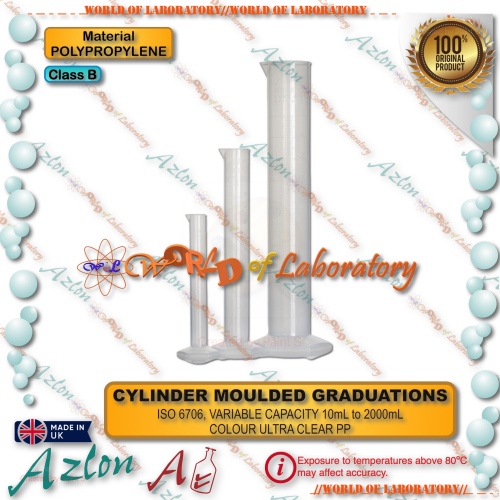 AZLON Gelas Ukur Plastik (PP) /Measuring Cylinder Class B, Polypropylene, Moulded Graduation, Variable Size 10mL - 2.000mL