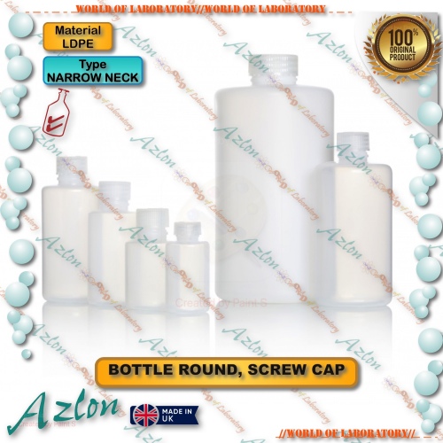 AZLON Bottle Plastic LDPE, Round, Narrow Neck, with Screw Cap, Variable Capacity 30 - 2000 mL