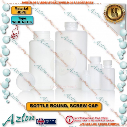 AZLON Bottle Plastic HDPE, Round, Wide Neck, with Screw Cap, Variable Capacity 30 - 2000 mL