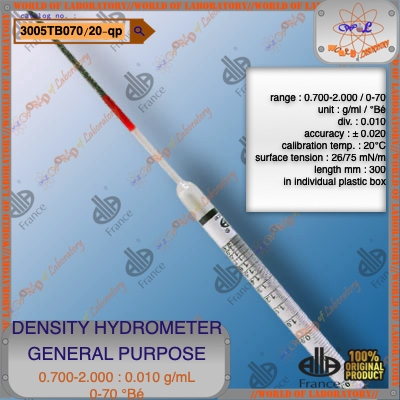 ALLA FRANCE Density Hydrometer 0.700-2.000 g/mL / 0-70 Be
