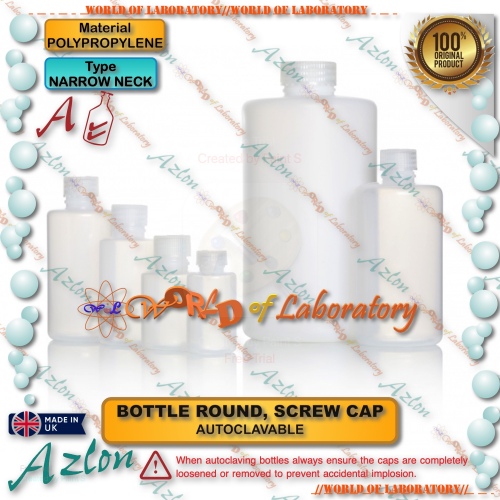 AZLON Bottle Plastic Polypropylene (PP), Round, Narrow Neck, with Screw Cap, Variable Capacity 30 - 2000 mL