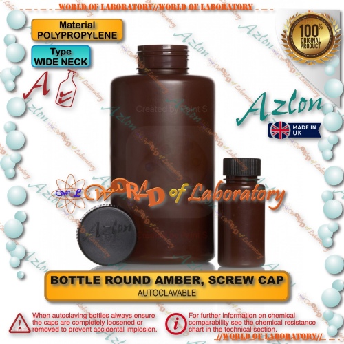 AZLON Bottle Amber, Plastic Polypropylene (PP), Round, Wide Neck, with Screw Cap, Variable Capacity 60 - 2000 mL