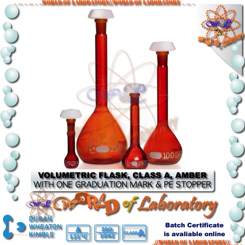 DURAN Volumetric Flask, Class A, Amber, Batch Certificate, Variable Capacity 5mL - 2000mL
