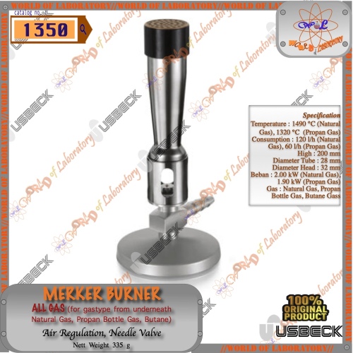 USBECK Meker Burner, Air Regulation, Needle Valve, All Gas Type from /underneath, Catalog 1350