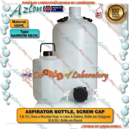 AZLON Aspirator Bottle, Narrow Neck, HDPE, with Screw Cap, Variable Capacity 5 - 50 Liter