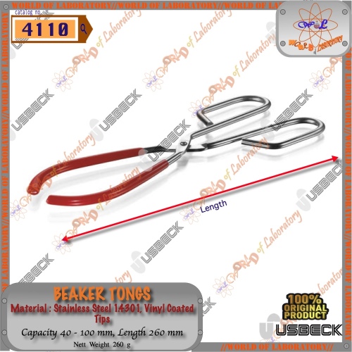 USBECK Beaker Tongs, Stainless Steel, Vinyl Coated Tips