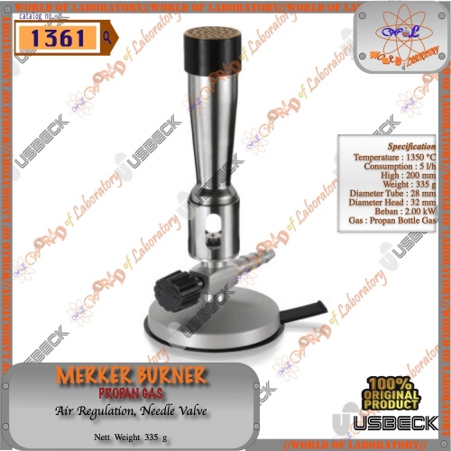 USBECK Meker Burner, Air Regulation, Needle Valve, Propan Bottle Gas, Catalog 1361