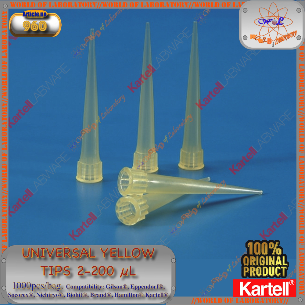 KARTELL® Universal Yellow Tips 2-200 Microlitres, 1000pcs/Bag