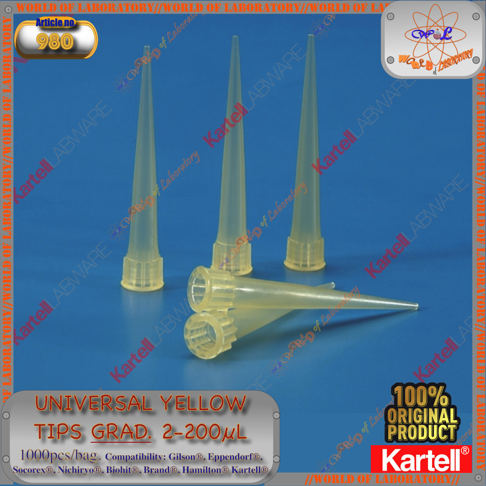 KARTELL® Universal Yellow Tips 2-200 Microlitres, Graduated, 1000pcs/Bag